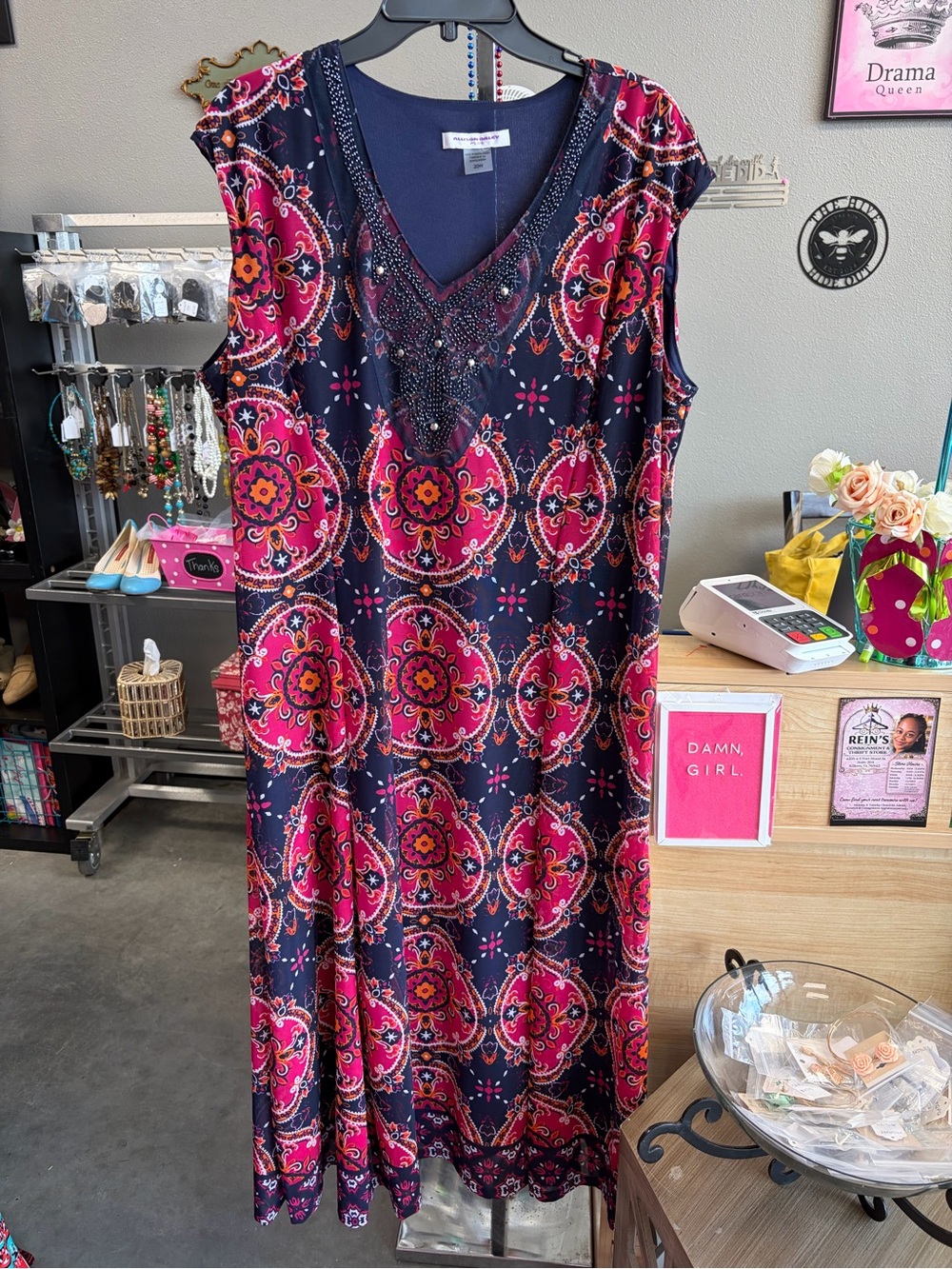 Allison Daley Navy & Pink Beaded V-Neck Maxi Dress